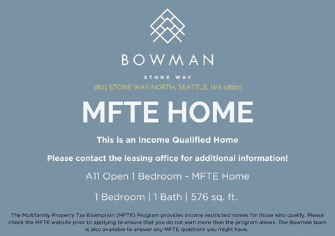 An advertisement for a bowman MFTE home located at 3801 Stone Way North Seattle, WA 98103.